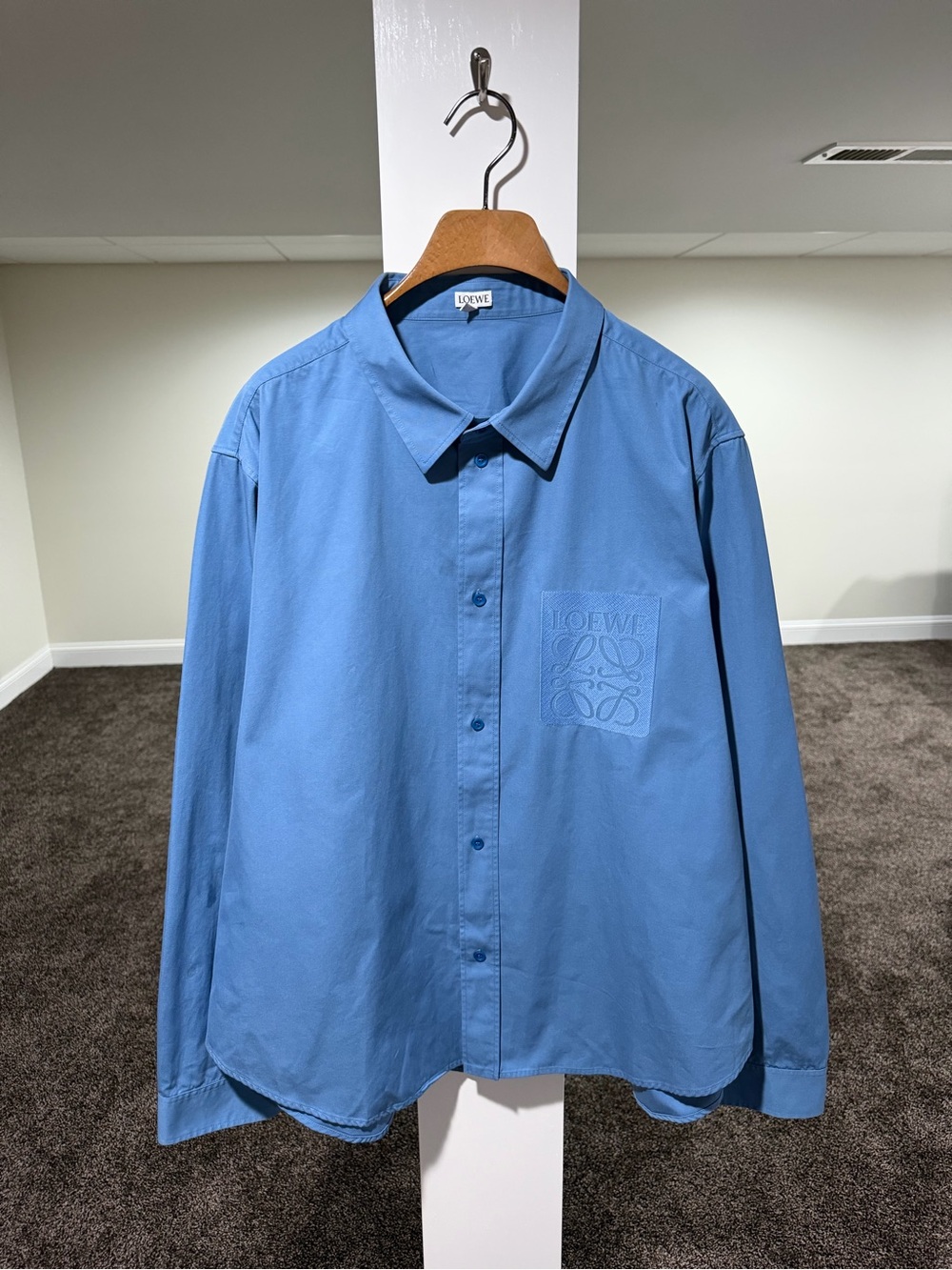 Loewe “Ash Blue” Anagram Emboidered Pocket Logo Button Up Shirt